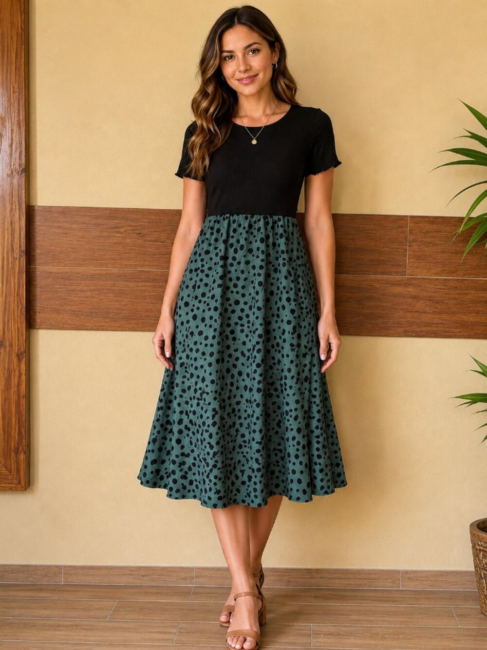 SHEIN Black Ribbed & Green Animal Print Midi Dress XL Casual Short Sleeve